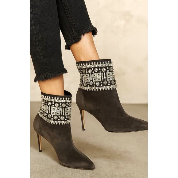 Manolo Blahnik 10.5 Beaded Suede CRYSTAL Ankle Boots Stiletto Heels Dark Gray